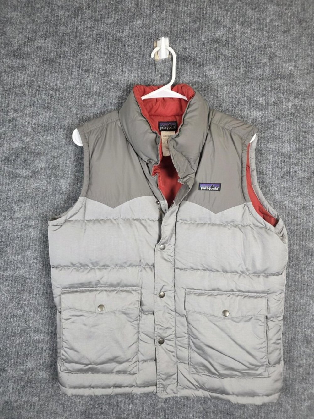 Patagonia Vest Mens M Gray slingshot Down Puffer Snap Front Red Lined Jacket - Picture 1 of 10